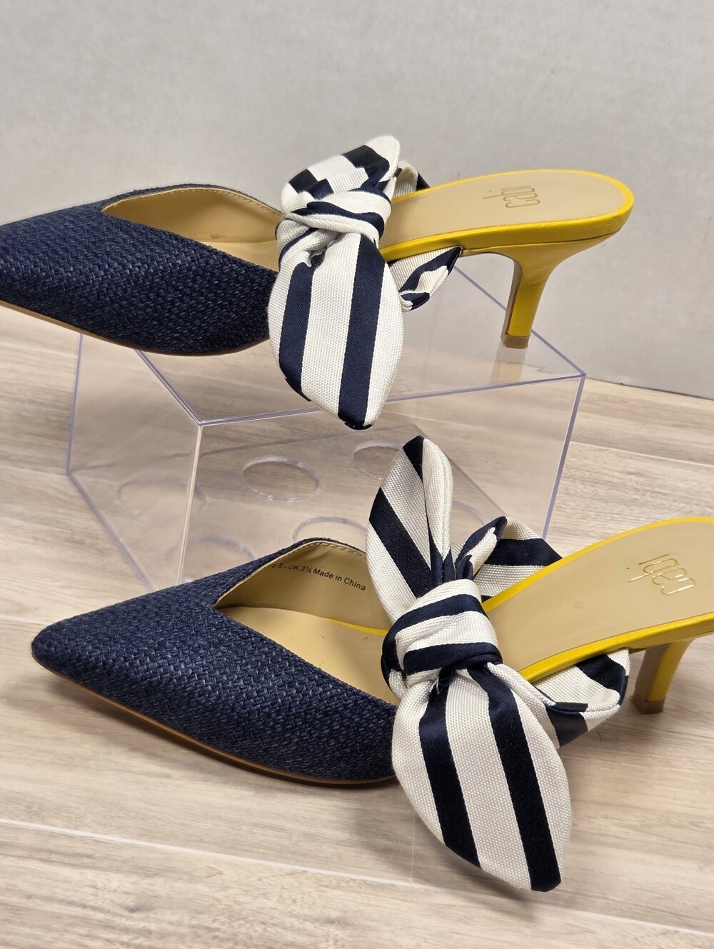 Cabi Pointed Toe Mule Kitten Heels Navy Woven Striped Bow Yellow Size 5